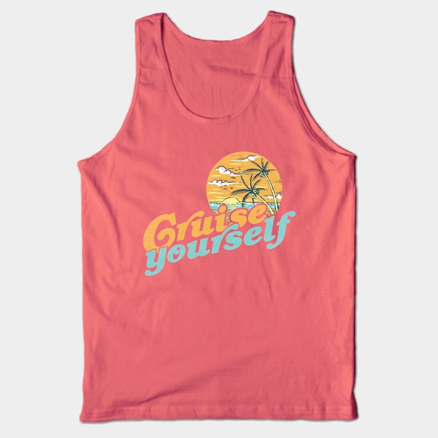 Cruise Yourself, funny 60s retro sunset palms at the beach Tank Top by emmjott